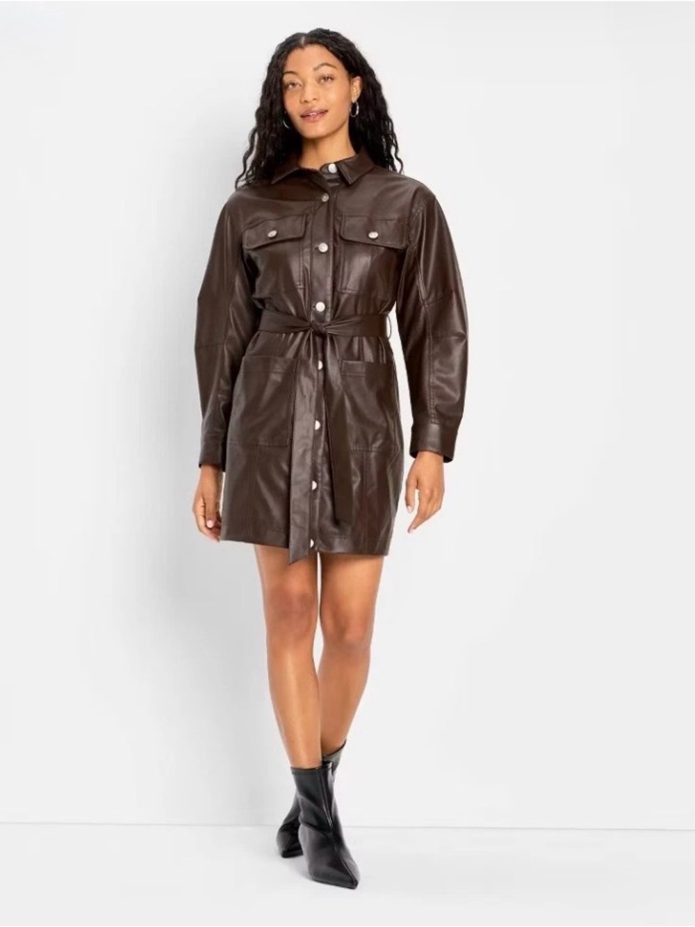 Future Collective Women's Brown Faux Leather Jacket with Tie Belt - Dress